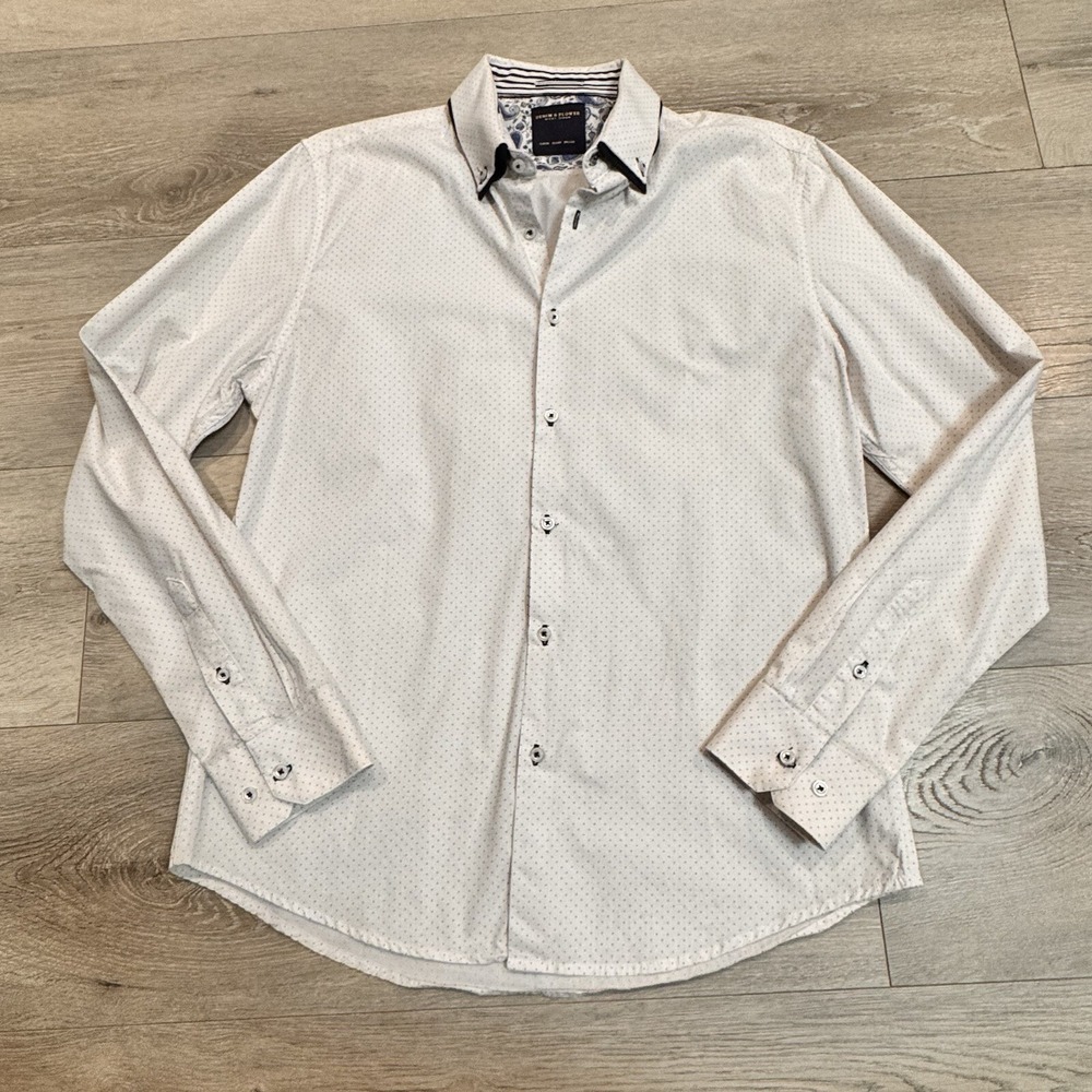 Denim & Flower Ricky Singh Button‎ Up Shirt Medium M White Polka Dots
